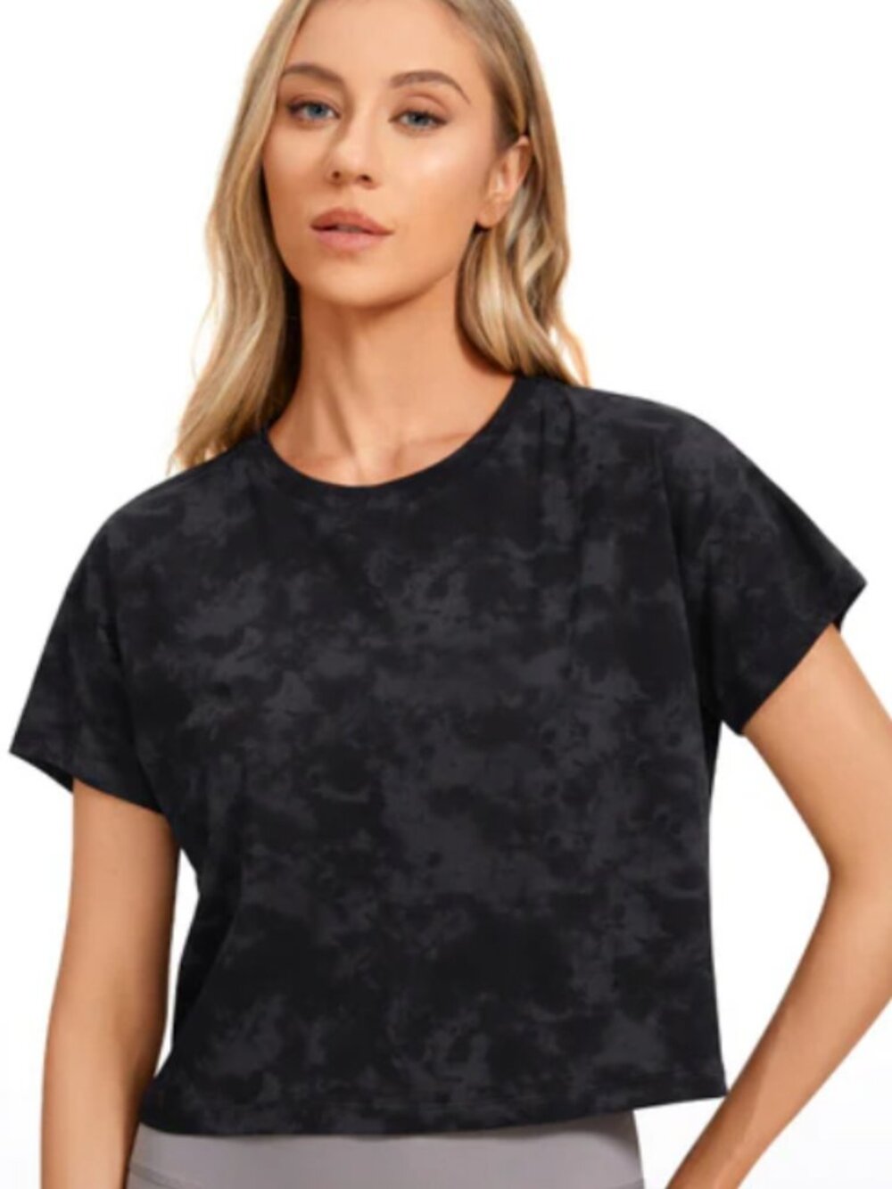 CRZ Yoga Pima Cotton Crew Neck Cropped Short Sleeve Tie Dye Smoke Ink XL 1XL Gym